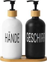 Glass Soap Dispenser Set in German [Pack of 2] - Black and White Refillable Dispenser for Hand Soap and Washing Up Liquid - Pump Dispenser Heads and Drip Tray Made of Bamboo - 7.5 x 21.5