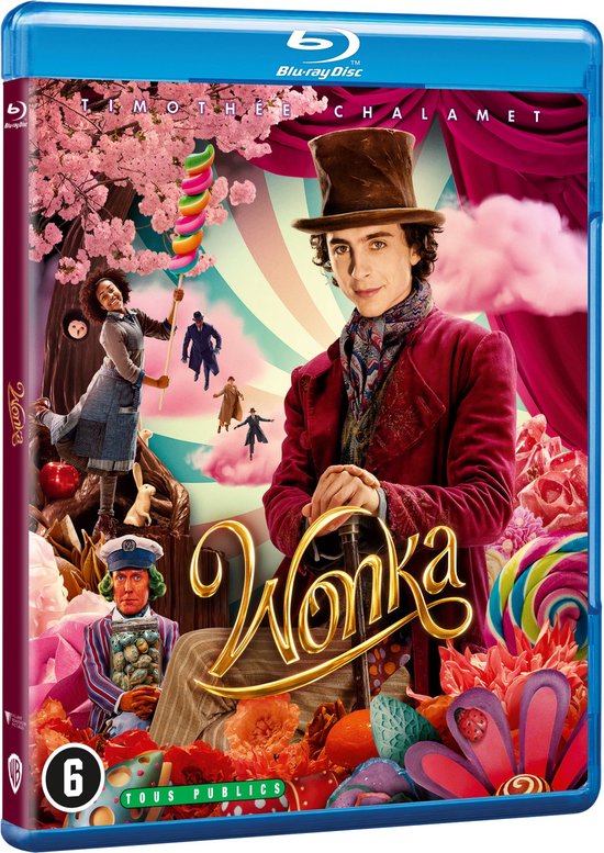 Blu-ray hoes van Wonka met Timothée Chalamet in een paarse jas en hoge hoed, omringd door snoepgoed, roze bloesems en een psychedelische achtergrond.