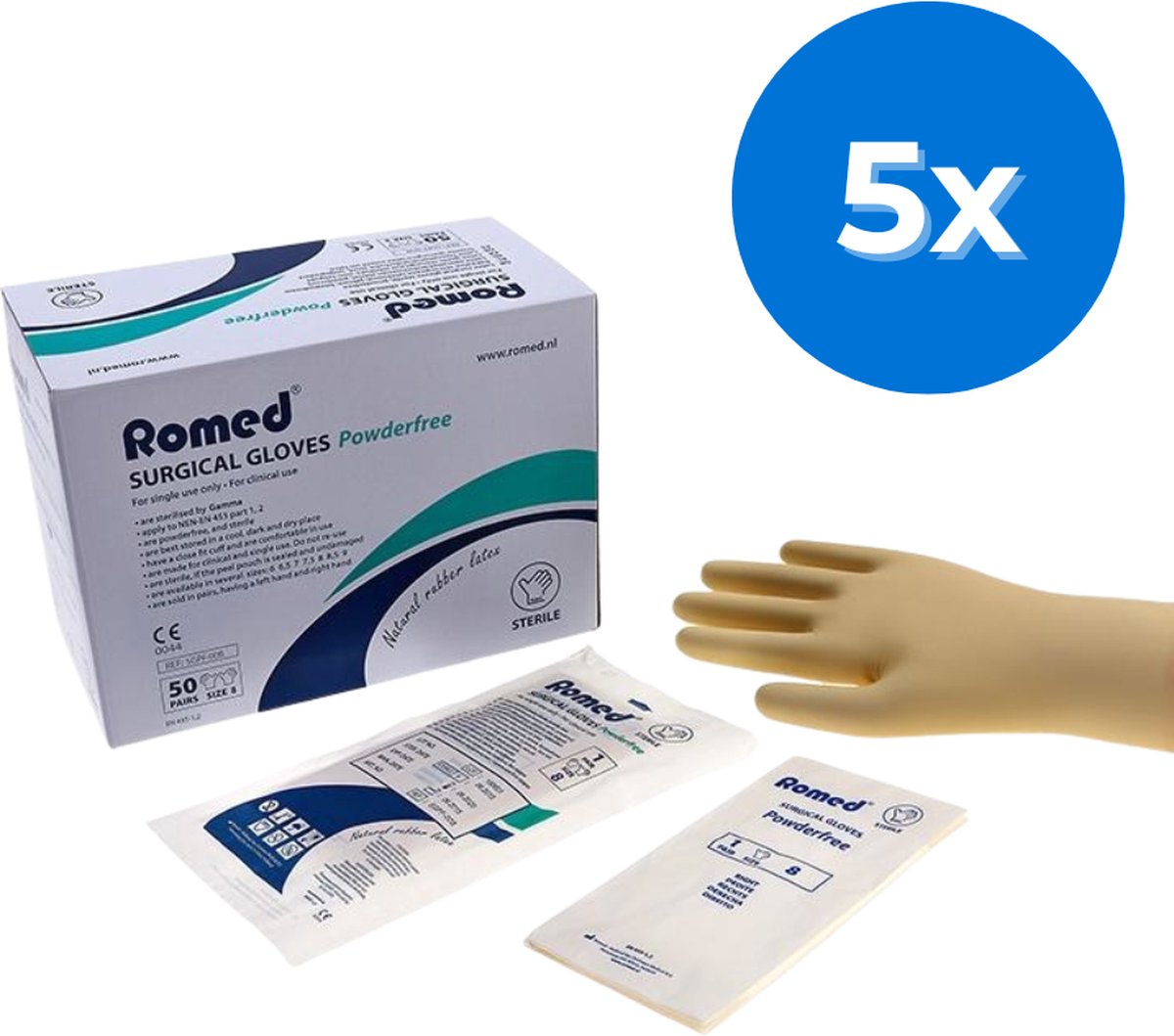 Goedkoopste Romed latex operatiehandschoenen poedervrij steriel verpakt - Set van 5 doosjes Maat 8.0 Romed
