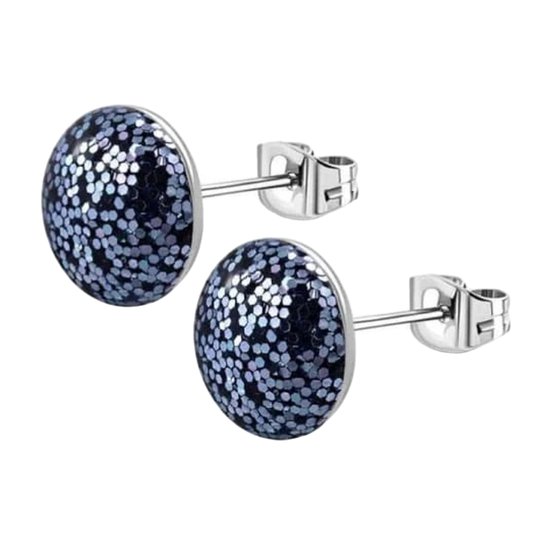 Aramat jewels ® - Ronde glitter oorbellen blauw staal 8mm