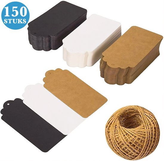 Foto: 150x stuks kraft karton labels met 20m jute touw hart kartonnen cadeaulabels met gaatje en koord bruine zwarte witte etiketten kraftpapier naamkaartjes blanco prijskaartjes prijslabels met koortje 7 4 cm