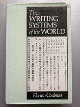 Boek "The Writing Systems of the World" door Florian Coulmas, met op de voorkant tekst in het Engels en Japanse karakters, en een alfabet.