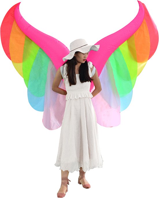 KIMU® Opblaas Kostuum Vleugels Regenboog - Opblaasbaar Pak - Vlindervleugels Mascotte Opblaaspak - Opblaasbare Vlinder Vogel Dames Heren Festival