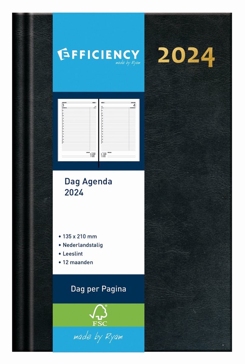 Bureau Agenda 2024 ZWART 1 dag per pagina (13.5cm x 21cm)