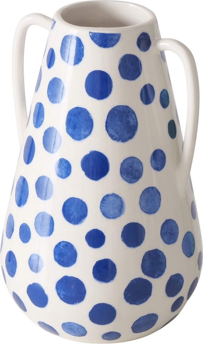 Boltze Modern vaasje wit met blauwe stippen keramiek 17 cm