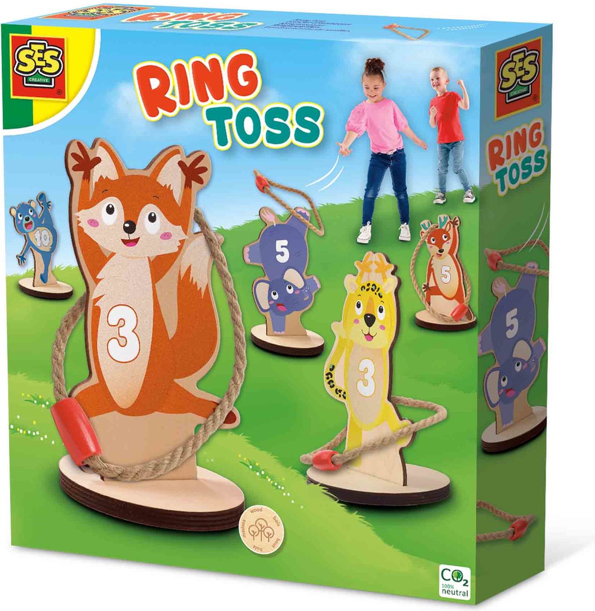 SES Ringwerpen 5 houten ringwerp dierenfiguren met 4 stevige touwringen buiten spelen