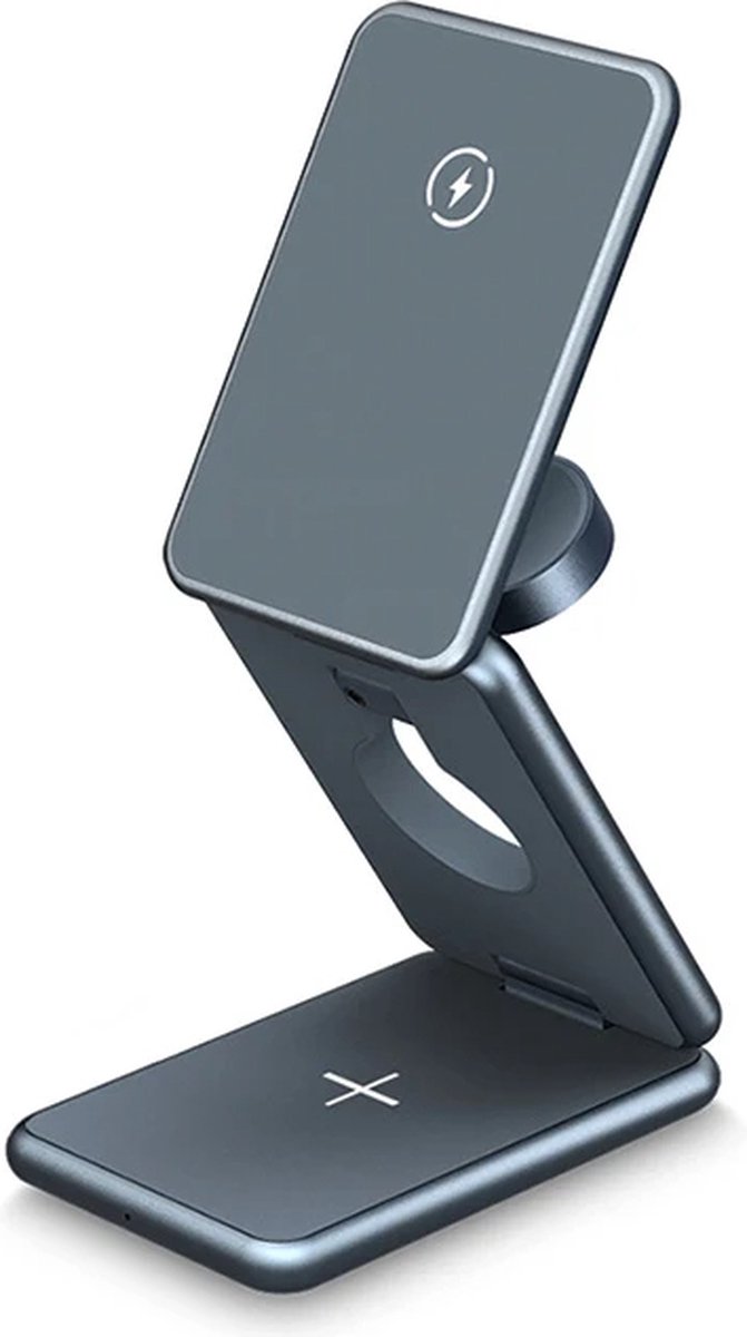 DrPhone ChargePro - Magnetische 3 In 1 Opvouwbare Draadloze Oplader Standaard – Dockingstation – Compact En Draagbaar – Overhittings Protectie – Geschikt voor o.a iPhone 15/ iOs Smartwatch Ultra8 / Airpods 3 / Galaxy Watch 6 etc - Zilver