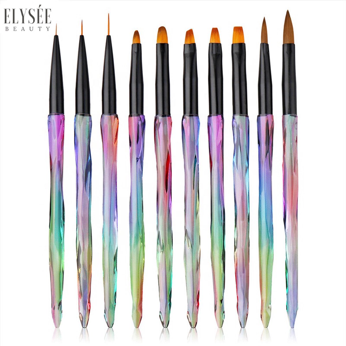 Elysee beauty 10 penselen set voor nagel gel, acryl & polyfel – regenboog nagel kwasten – nail art brush – rainbow brush