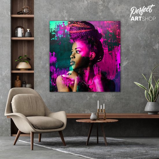 BEAUTIFUL AFRICAN WOMAN: 80x80cm Plexiglas. Decoratie - Modern - Zwart - Blauw - Groen - Roze - Vrouw - Afrika