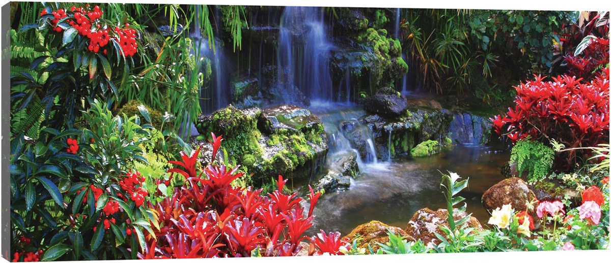 Canvas Schilderij - Waterval in jungle - Natuur - Landschap - Bomen - Uitzicht - Planten - Schilderij Woonkamer - Schilderijen op canvas - Inclusief Frame - 45x145cm (LxB) Diverse kleuren