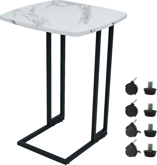 Bijzettafel C-vormige bijzettafel met wieltjes, wit marmeren textuur, MDF koffietafel, salontafel met metalen frame, woonkamertafel voor koffie, laptop, balkon, 40 x 40 x 61 cm (l x b x h)