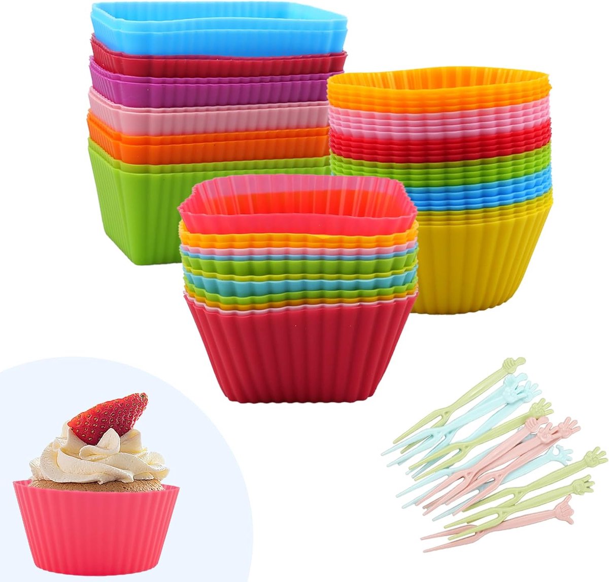 48-delige set muffinvormpjes, siliconen vormpjes, klein met 15 stuks mini-vorken, bakvormen van siliconen, muffinvormpjes, herbruikbare siliconen vormen voor cake, cupcakes en pudding