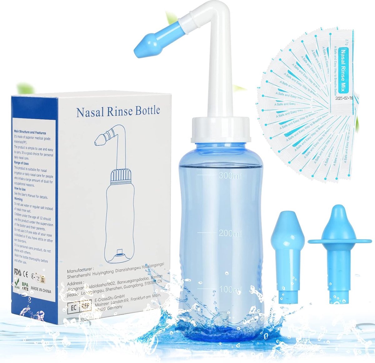 Goedkoopste Neusdouche - 300 ml - 20 Zoutzakjes - 10 Thermometer Stickers - Kinderen en Volwassenen - Neusdouche Volwassenen - Neusspoeler - Neti Pot