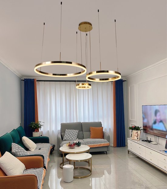 Chandelix - Lampe suspendue de Luxe à 3 Bagues - Chrome Goud - 3 Bagues - Avec télécommande et application - Intensité variable - Hauteur réglable - Éclairage du salon - Éclairage de la chambre - Lampe intelligente - Suspensions Salon - LED