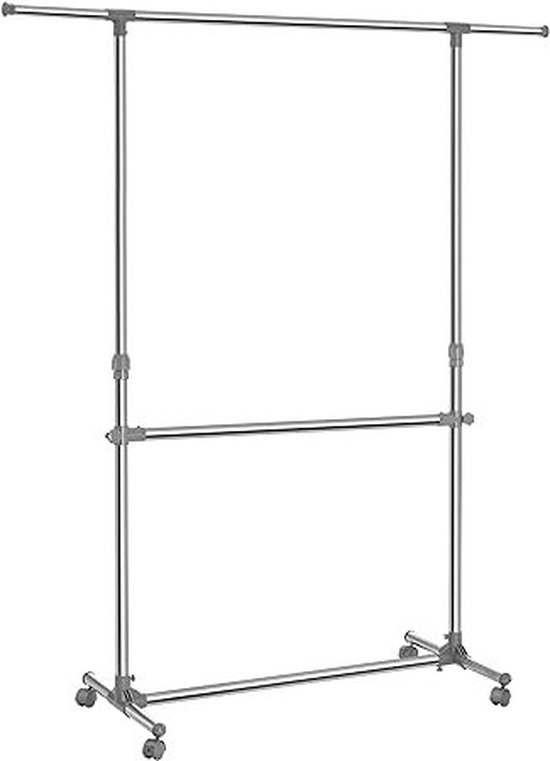 Dubbele kledingrail, kledingrek met uitbreidbare bovenrail, kledingrail op wielen, 113-180 cm hoogte verstelbaar kledingrek, verstelbare middelste rail, zilver en grijs LLR401
