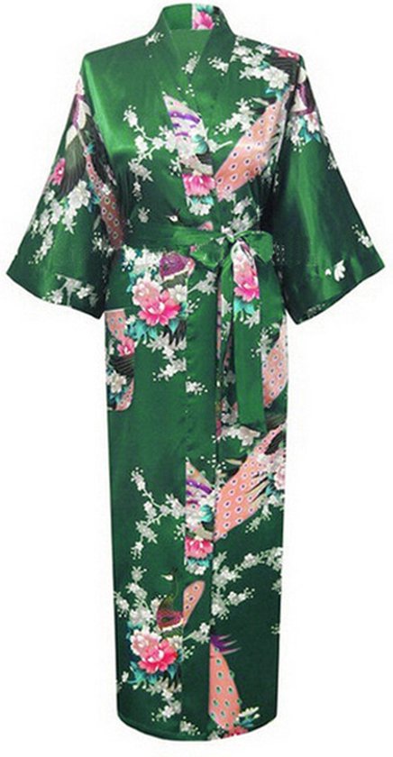 KIMU® Kimono Donkergroen Maxi - Maat S-M - Yukata Satijn Lang - Lange Groene Ochtendjas Japanse Kamerjas Sexy Satijnen Badjas Geisha Pauwen Lang Vest Festival