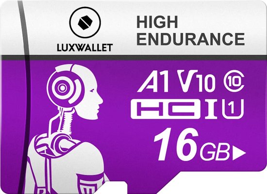 LUXWALLET® HC U1 - 16 GB Micro SD Kaart - TF Klasse 10 - High Endurance - Snelle Gegevensoverdracht - Paars