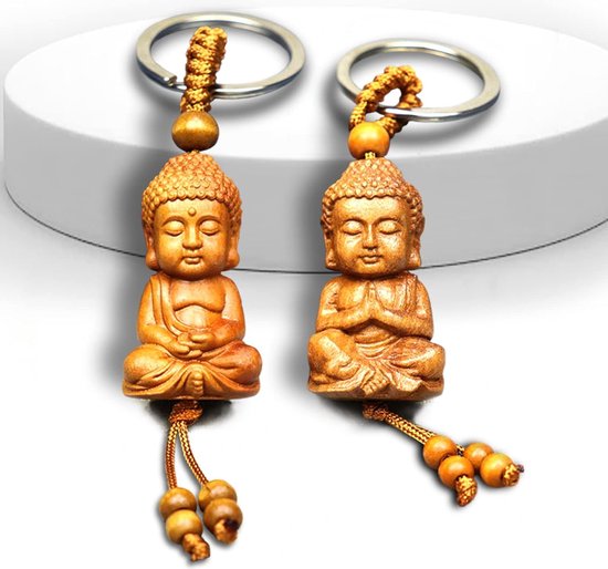 Houten Boeddha Sleutelhanger Set van 2