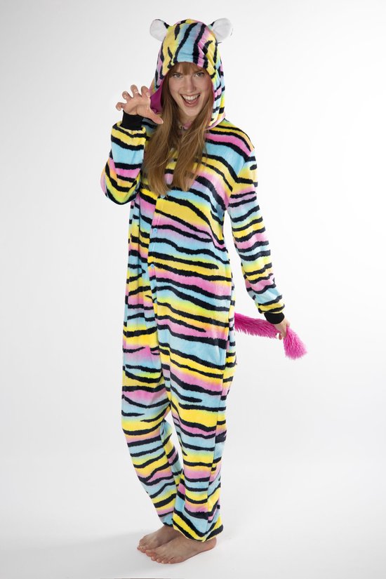 KIMU Onesie Regenboog Tijger Zebra Pak - Maat S-M - Tijgerpak Kostuum Dierenprint 158 164 - Gekleurd Kat Huispak Pyjama Dames Volwassenen Halloween