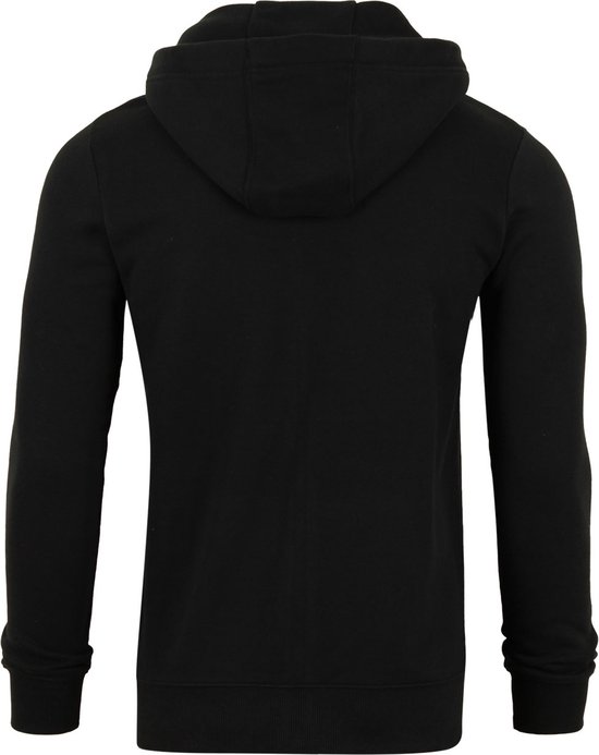 Achterkant van een zwarte hoodie met capuchon.