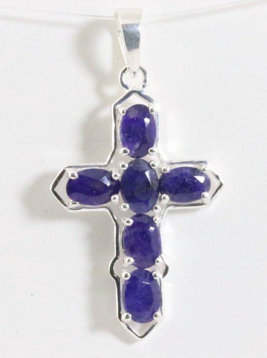 Zilveren kruishanger met blauwe saffier