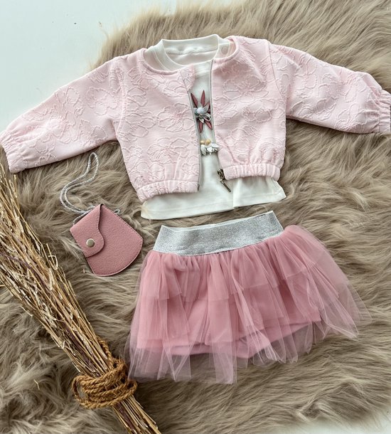 luxe meisjesset - 4 delige babyset - vest, shirt, tulle broekrokje en tasje- kraamcadeau- geschenkset - babyshower -roze kleur-bloemetjes motief-gevoelige huid- 100 % katoen- 6 tem 9 maanden van LUXE. — afbeelding 4