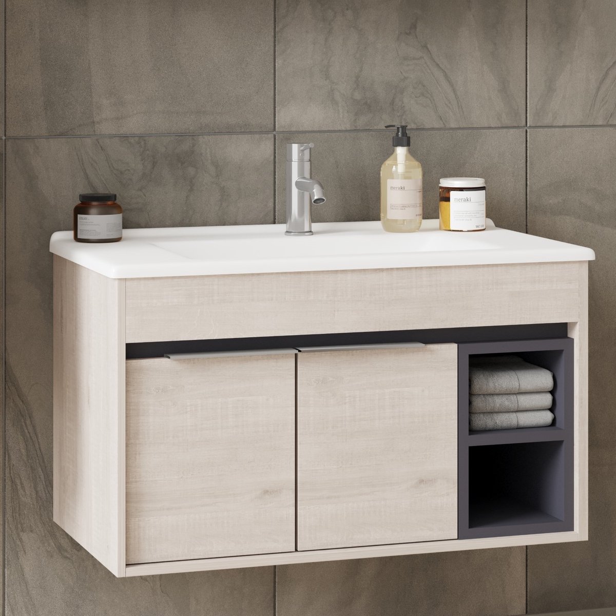 Aachen 80 cm Badkamermeubel Lissabon – Softclose Semi-Handgreep, 2 Deuren, Keramische Wastafel