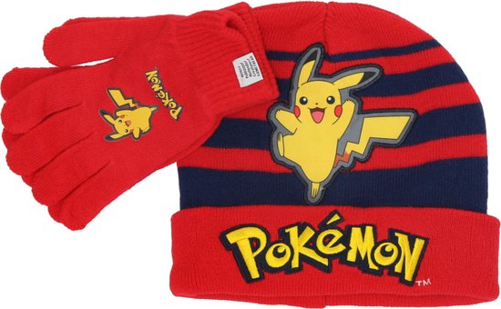 Bonnet avec gants Pokemon Pikachu - pour enfants - rouge/jaune