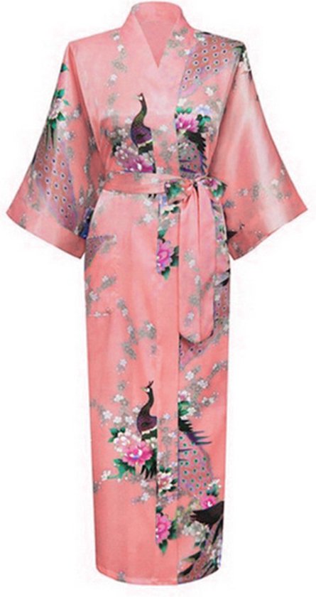 KIMU® Kimono Zalmroze 7/8e - Maat S-M - Yukata Satijn Boven de Enkel - Lange Roze Ochtendjas Japanse Kamerjas Sexy Satijnen Badjas Geisha Pauw Pyjama Festival