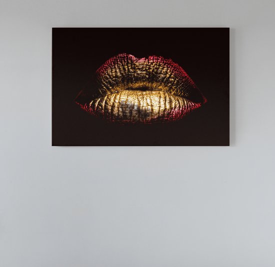 Canvas Schilderij - Vrouwelijk - Gouden - Lippen - Zwart - Goud - 90x60x2 cm
