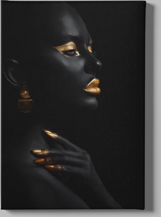 Canvas Schilderij - Vrouw - Portret - Goud - Zwart - 60x40x2 cm