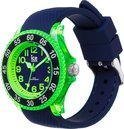 Blauw horloge met neon-groene lunette, wijzers en cijfers. Donkerblauwe band.