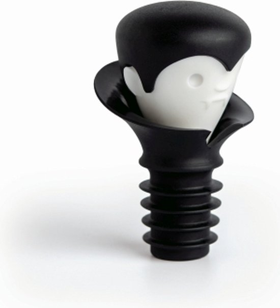 Een wijnstopper met een vampier-design, zwart met wit gezicht, op witte achtergrond.