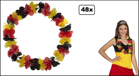48x Hawai krans Belgie - zwart/geel/rood - EAN 8720823895929 - Belgium EK Voetbal thema feest hawaii slinger