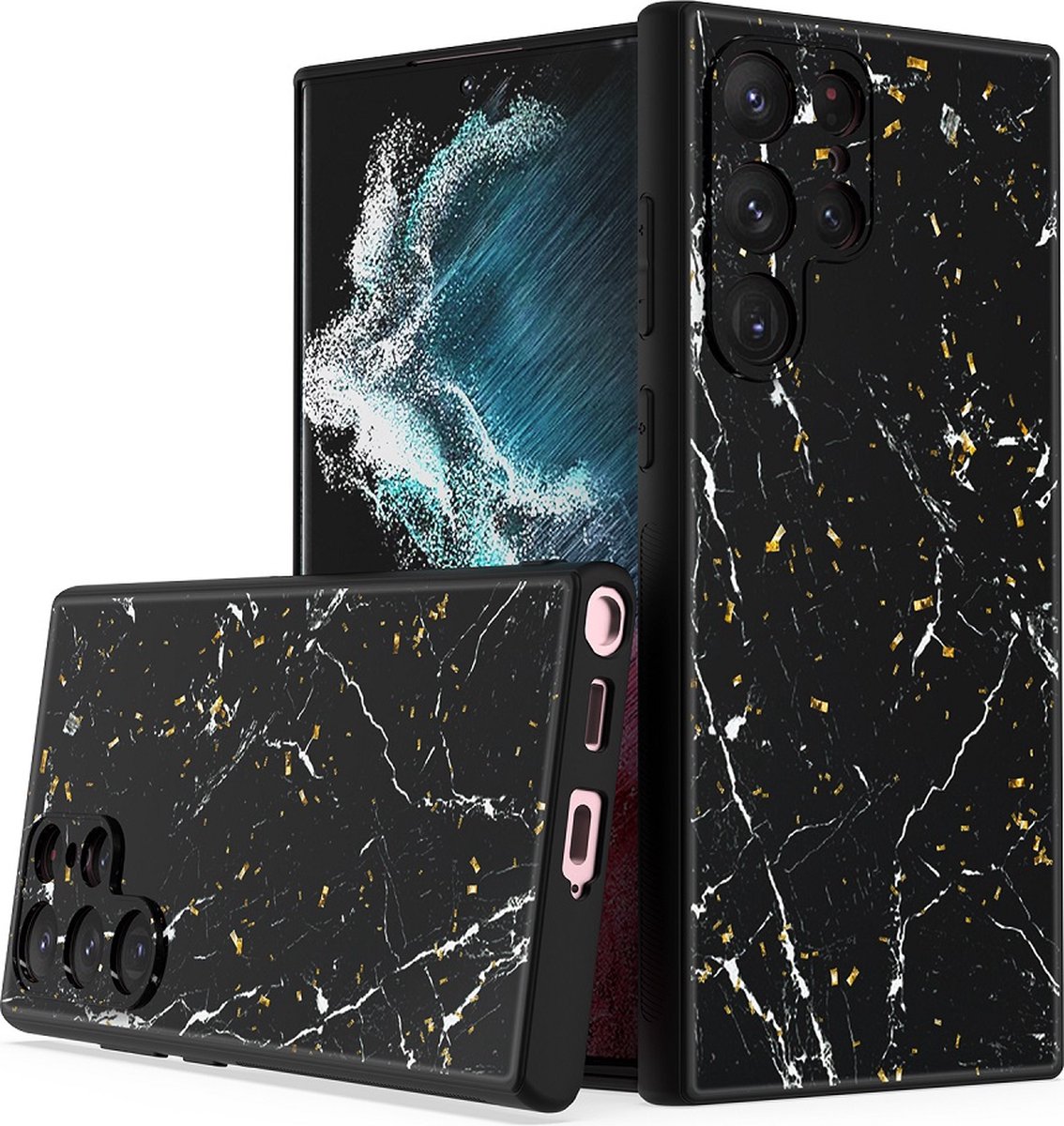 Silicone Hoesje Print - Backcover - Geschikt voor Samsung Galaxy S22 Ultra - Marmer Zwart