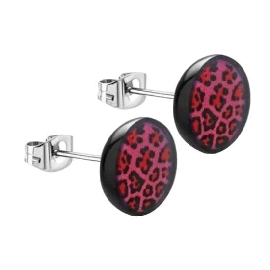 Aramat jewels ® - Oorstekers luipaard print roze zwart acryl staal 7mm