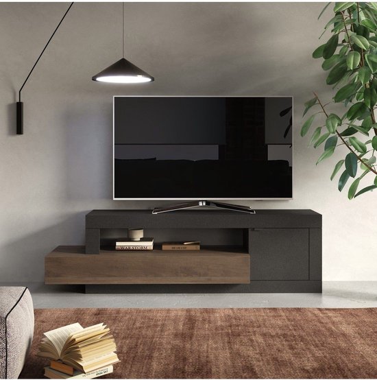 TV-meubel met 1 deur, 1 lade en 1 vak - Donker natuurlijk en Antraciet - RUSELO L 158.4 cm x H 48.2 cm x D 41.4 cm