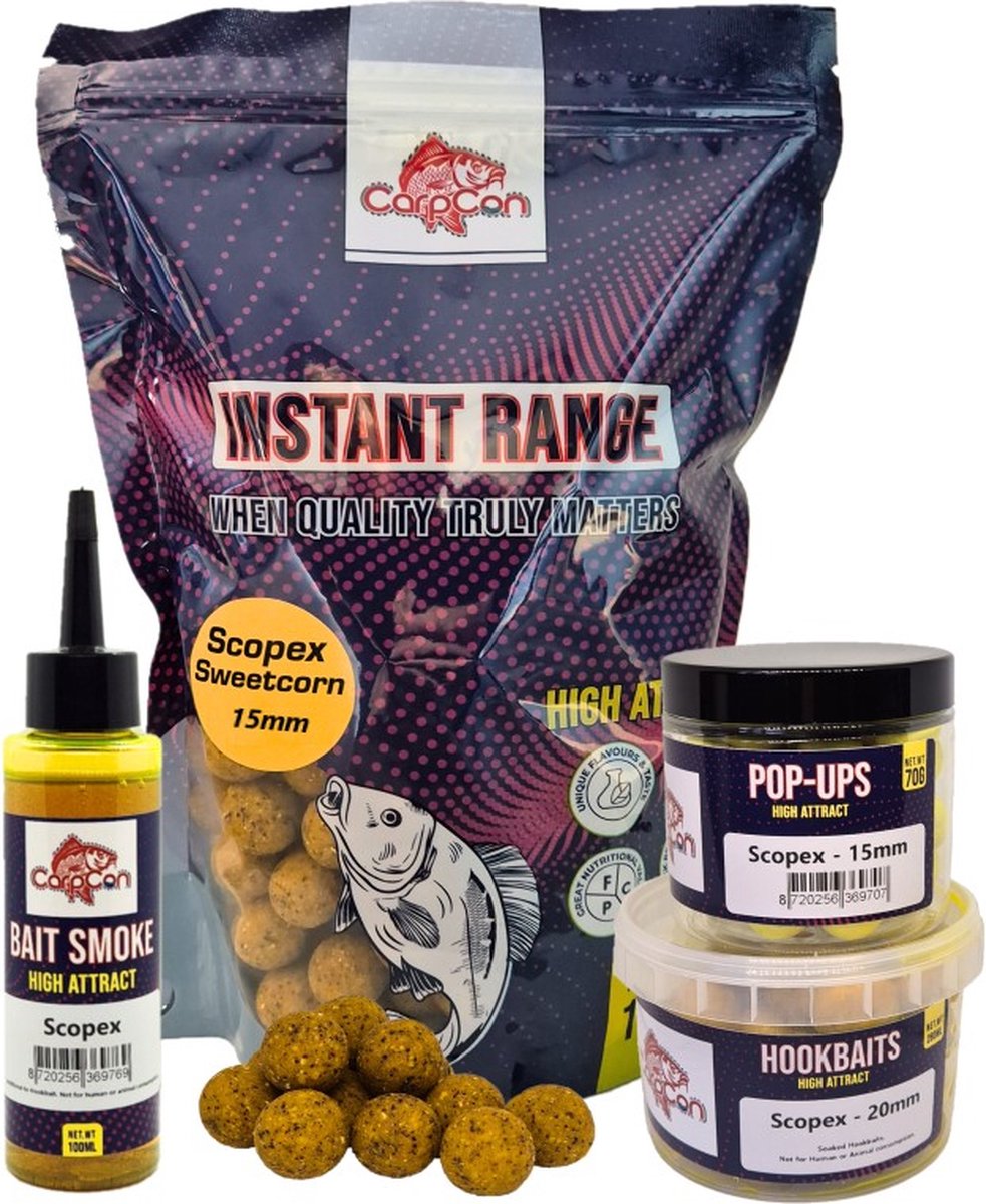 High Attract Voerpakket 'Scopex Sweetcorn' 15mm - Met 1kg Instant Range Boilies, Pop-Ups, Bait Smoke & Hookbaits - Karper voer/boilies - Hengelsport Visset