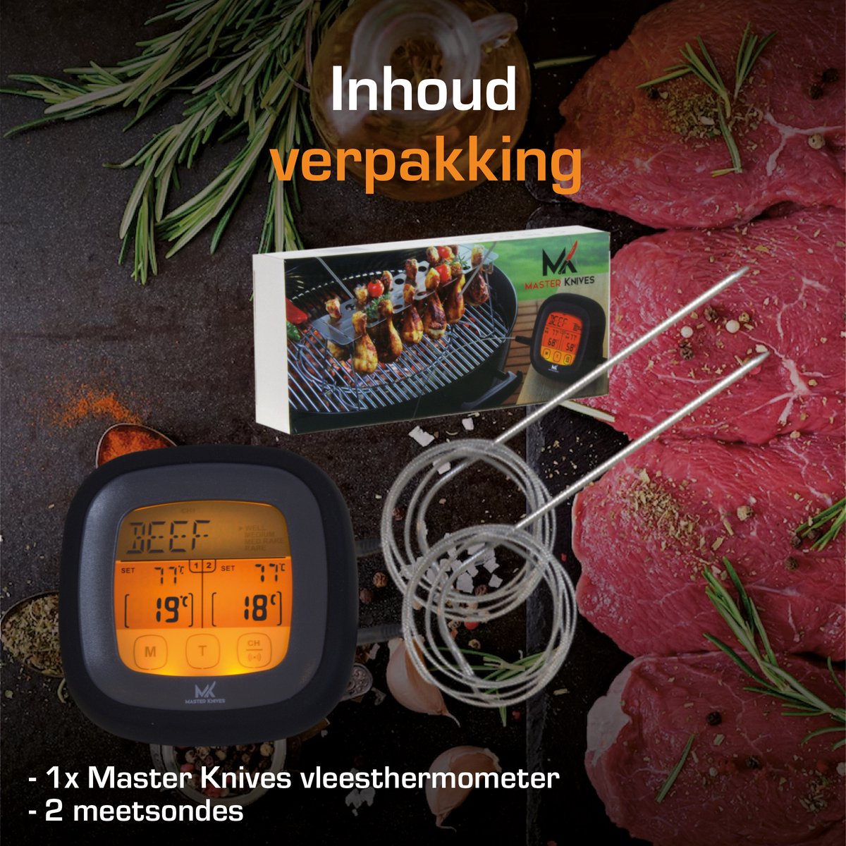 Master knives Digitale BBQ Thermometer met 2 Meetsondes - Vleesthermometer met Timer - Keukenthermometer tot 250 Graden — cadeau in Kookcadeaus - foto 7