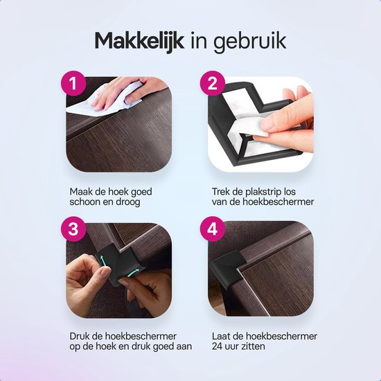 Vier stappen: hoek schoonmaken, tape verwijderen, hoekbeschermer aanbrengen en 24 uur laten zitten.