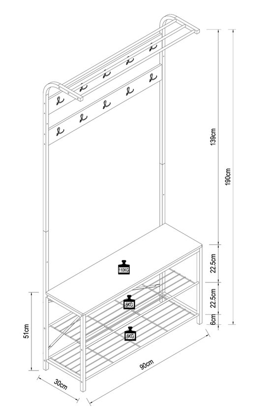 Kledingrek design 98 x 123-187cm verstelbaar wit met eiken legbord