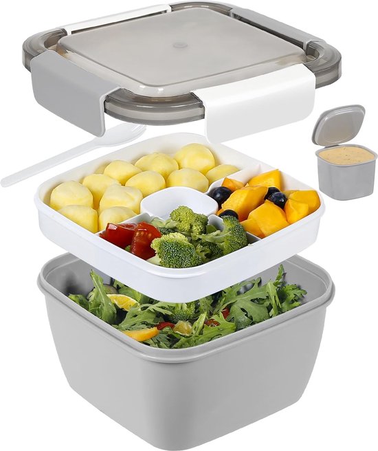 To Go Salad Container Lunchcontainer, BPA-vrij, 3-vaks voor salade toppings en snacks, slakom met dressing container, ingebouwde herbruikbare lepel, magnetron bestendig (grijs)