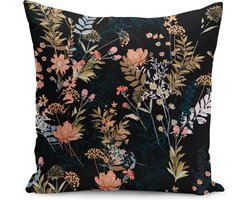 Velvet kussenhoes 50x50 - Bloemen op zwart - Fluweel kussensloop - Aan beide zijdig bedrukt