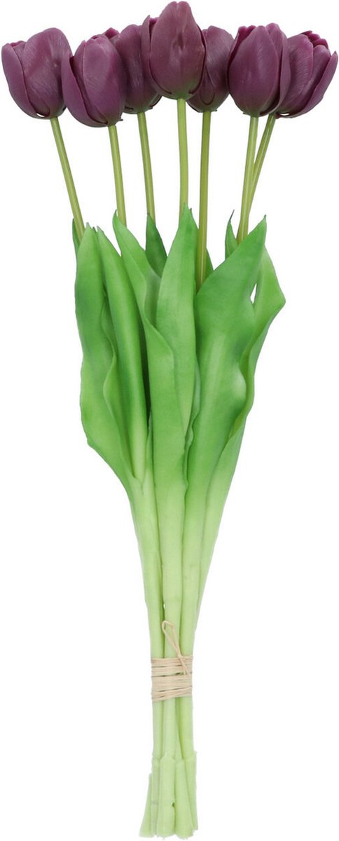 DK design Kunst tulpen boeket - 7x stuks - donker paars - real touch - 43 cm - levensechte kunstbloemen