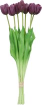 DK Design Kunst tulpen boeket - 7x stuks - donker paars - real touch - 43 cm - levensechte kunstbloemen
