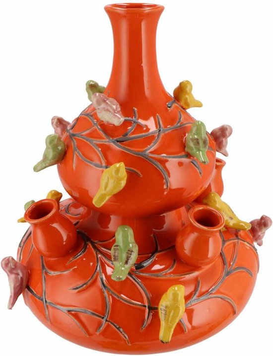 DK Design Bloemenvaas Spring Birds - 2-delig - vaas voor tulpen - oranje - D23 x H25 cm - toetervaas