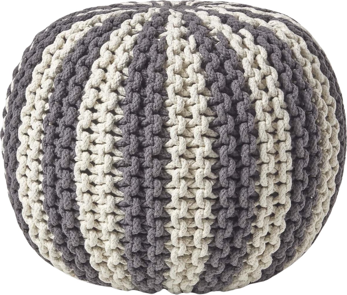 Homescapes Gebreide ronde poef - Streepdesign - Katoen - Grijs-wit - 35 x 40 cm