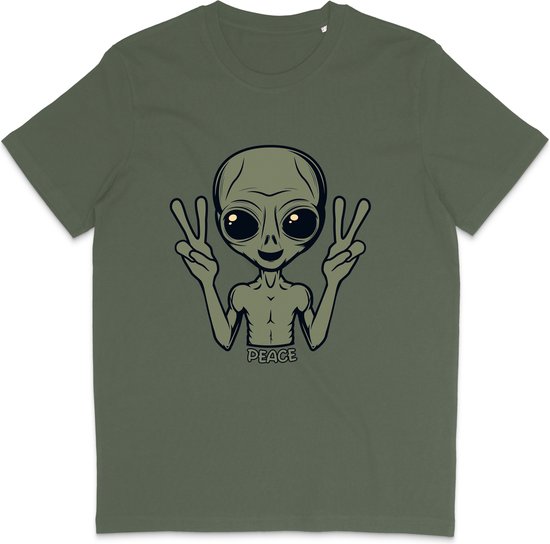 Grappig T Shirt Peace Alien - Heren en Dames - Khaki Groen - XS
