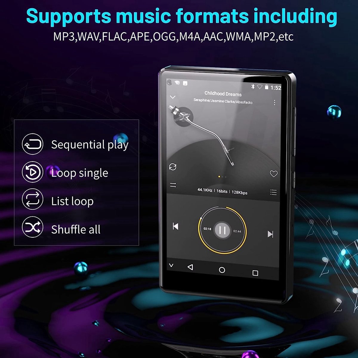 MP3 player with bluetooth, pre-installed Spotify, Audible, Music and support APK downloaded, browser (removable) MTK8 core, Android 8.1, 4.0 IPS up to 1TB