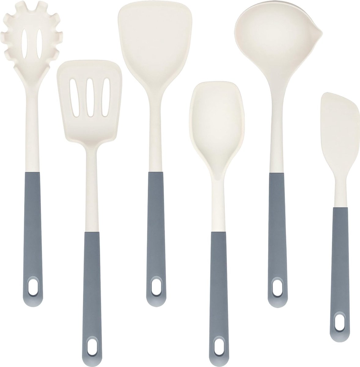Siliconen keukenkookgereiset 6-delig hittebestendig keukengerei antiaanbaklaag BPA-vrij vaatwasmachinebestendig spatel soeplepel spatel pollepel lepel pastaschep (grijswit)